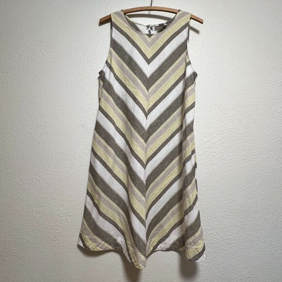 Liz Claiborne Linen Blend Sleeveless Aline Chevron Dress Grey Yellow Womens Med - Picture 1 of 11